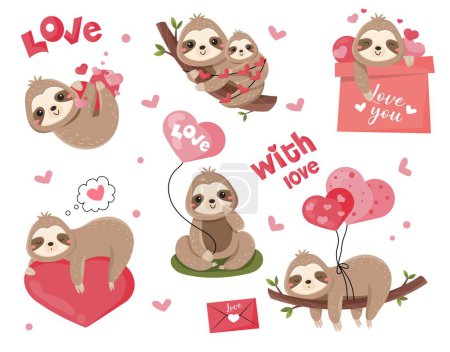 Illustration for Cute sloths for Valentines Day set. Collection of stickers for social networks. Animals with hearts. Love, romance and tenderness. Cartoon flat vector illustrations isolated on white background - Royalty Free Image