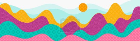 Illustration for Chines colorful banner. Abstract creativity and art and colorful waves on background of landscape. Vivid mountains and rising sun. Graphic element for website. Cartoon flat vector illustration - Royalty Free Image