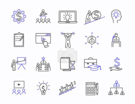 Illustration for Busines line icons set. Collection of graphic elements for website. Financial literacy and workflow organization, team building. Cartoon flat vector illustrations isolated on white background - Royalty Free Image