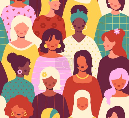 Illustration for Seamless pattern with women. Repeating template with different multiracial beautiful girls standing together. Feminism, Sisterhood and Fight for Rights. March 8. Cartoon flat vector illustration - Royalty Free Image