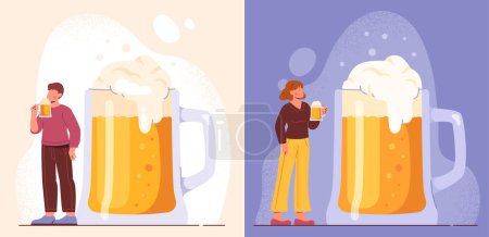 Illustration for People with beer. Man and woman standing near large glass with alcoholic drink and foam. Party celebration in pub. Hoppy beverage. Design element for greeting card. Cartoon flat vector illustration - Royalty Free Image