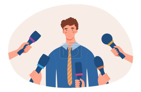 Illustration for Press taking interview. Man stands in front of hands with microphones. Famous person, politicians answers questions from journalists. Mass media and information. Cartoon flat vector illustration - Royalty Free Image