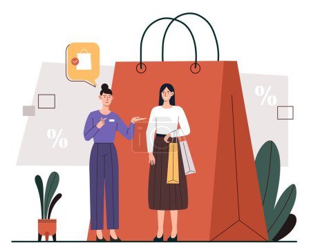 Illustration for Personalized sales concept. Women in front of large red package. Metaphor of shopping and home delivery. Buyer and seller. Discounts and promotions, special offer. Cartoon flat vector illustration - Royalty Free Image