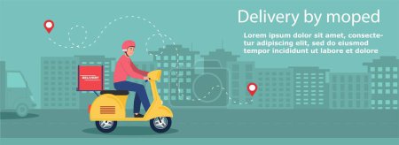 Logistic banner with courier. Man on scooter sits with box, online shopping and express food delivery from cafes and restaurants. Template, layout and mock up. Cartoon flat vector illustration