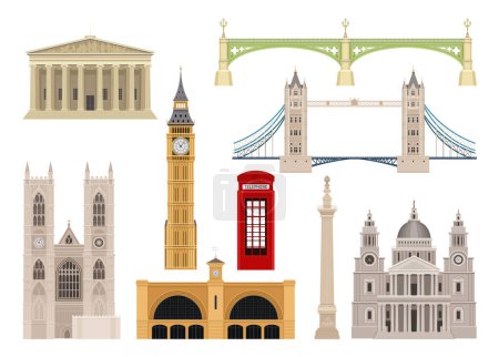 Téléchargez les illustrations : London Landmarks Set. Tower Bridge, Big Ben, la cathédrale St Pauls, l'abbaye de Westminster et le British Museum. Lieux touristiques populaires du Royaume-Uni. Collection de vecteurs plats de dessins animés isolés sur fond blanc - en licence libre de droit
