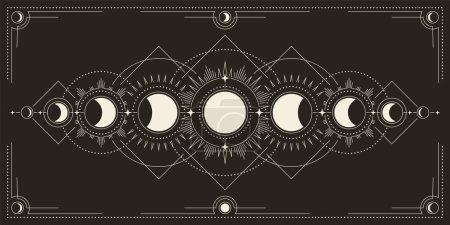 Mystical astrology poster with moon phases. Banner with magical stages of moon activity. Full moon and crescent symbol. Astronomy and the occult. Moonlight cycle. Flat linear vector illustration