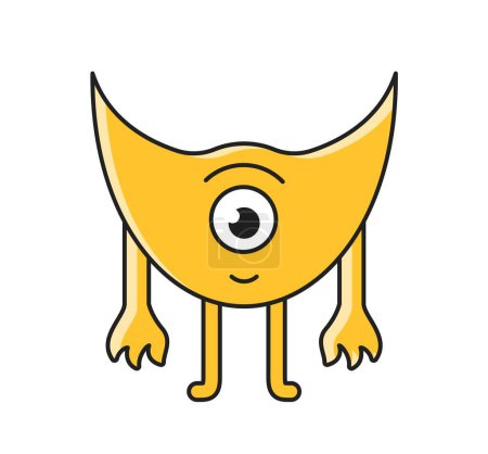 Ilustración de Lindo monstruo icono. Pegatina con una especie de mutante amarillo o criatura alienígena con un ojo. Cíclope bebé al estilo kawaii. Tremendo personaje gracioso. Ilustración vectorial plana de dibujos animados aislada sobre fondo blanco - Imagen libre de derechos