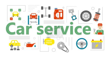 Car service text banner. Graphic element for website, collection of icons. Oil, suspension and transmission replacement, wheels, auto repair shop advertising poster. Cartoon flat vector illustration