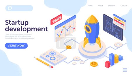 Illustration for Start up development concept. Rocket next to graphs and charts. Metaphor for business project, launch of spaceship. Landing page design. Cartoon isometric vector illustration - Royalty Free Image