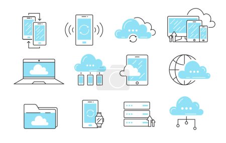 Illustration for Cloud storage icons set. Internet sharing and device synchronization. Smartphone, computer and laptop with information and folders. Cartoon flat vector illustrations isolated on white background - Royalty Free Image