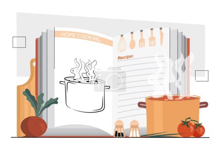 Illustration for Recipe books concept. Soup pot with ingredients, vegetables near book. Home cooking and instructions. Homemade food preparation and healthy eating. Cartoon flat vector illustration - Royalty Free Image
