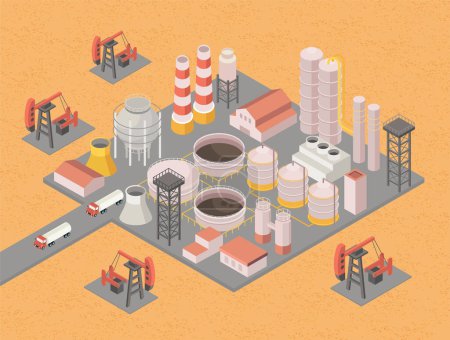 Illustration for Gas station in desert. Production of energy and electricity from gas or fuel. Oil extraction landscape. Dark liquid tanks and cars. Template, layout and mock up. Cartoon isometric vector illustration - Royalty Free Image
