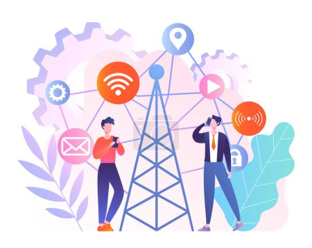 Men near radio. Wireless internet, 5g. Modern technologies and digital world, cyberspace. Online communication and connection. Men with devices in city. Cartoon flat vector illustration