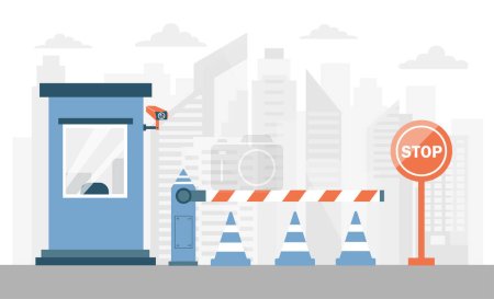 Illustration for Striped barrier concept. Paid entry to parking near supermarket. Protected area, guarding entrance to most important offices. Automatic barrier gate. Cartoon flat vector illustration - Royalty Free Image