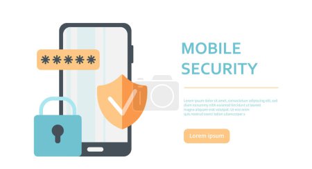 Mobile security concept. Smartphone with password and shield. Account or profile access, verification and authentication. Security of personal data and information. Cartoon flat vector illustration