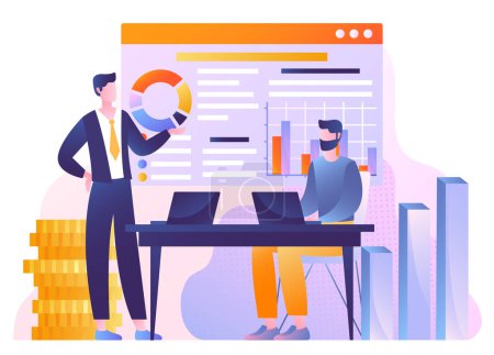 Illustration for Business analysis concept. Men on background of tables, graphs and diagrams. Analytics and information comparison, infographic. Brainstorming and market research. Cartoon flat vector illustration - Royalty Free Image