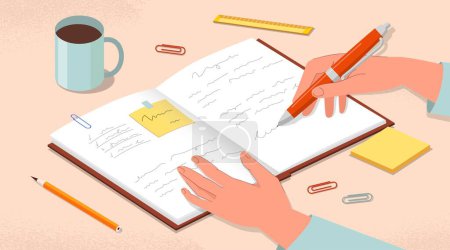 Illustration for Personal diary concept. Woman writes goals in notebook, thoughts and memories with pen. Motivation and organization of work or educational process. Cartoon flat vector illustration - Royalty Free Image