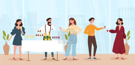 Illustration for Mass event banquet concept. Man and woman standing near table with alcoholic drinks in glass glasses and food. Party and festival. People drinknig wine or champagne. Cartoon flat vector illustration - Royalty Free Image