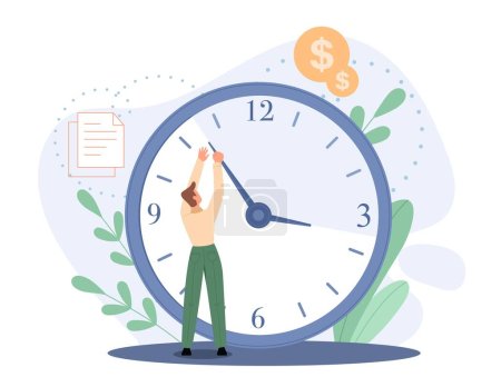 Illustration for Turn back time concept. Man with clock moves arrow back. Summer and winter time. Businessman wants to use every minute. Financial literacy and income, earnings. Cartoon flat vector illustration - Royalty Free Image