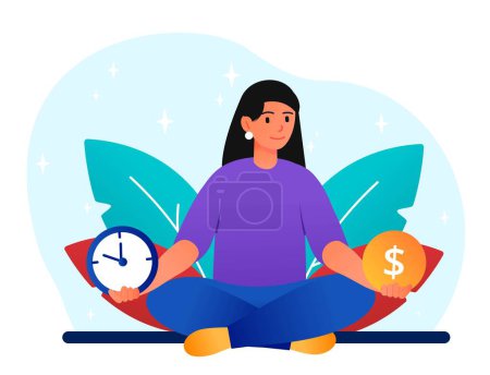 Time and money balance. Young girl sits in lotus position with gold coin in her hand and watch. Harmony and effective time management. Mental health and mindfulness. Cartoon flat vector illustration