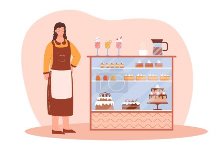 Illustration for Woman in bakery. Young girl stands near cash desk with pastries and cakes. Dessert and delicacy. Small business owner or checkout clerk. Cafe start up. Cartoon flat vector illustration - Royalty Free Image