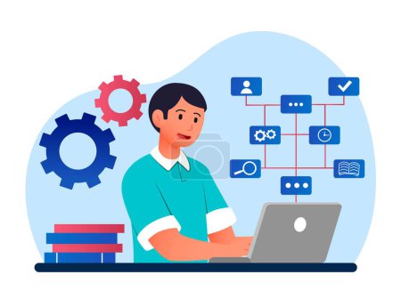 Illustration for Logic at work. Man in workplace writes code or searches for information on Internet. Thought process and cognitive abilities. Circuit and structure analysis. Cartoon flat vector illustration - Royalty Free Image
