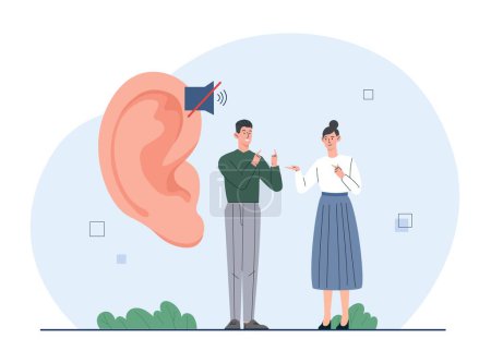 Illustration for Sign language concept. Man and woman communicate near crossed out ear. Interactions of people with disabilities and deafs. People talking with hand gestures. Cartoon flat vector illustration - Royalty Free Image