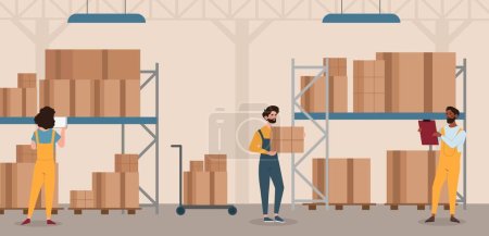 Storehouse workers concept. Man and woman with boxes in warehouse. Transportation and logistics, distribution. Loader and manager carry out inventory of parcels. Cartoon flat vector illustration