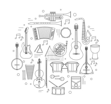 Illustration for Musical instruments black and white. Minimalistic poster or banner. Triangle, banjo, psaltery, electric and acoustic guitar and drum. Cartoon flat vector illustrations isolated on white background - Royalty Free Image
