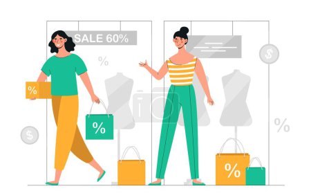 Illustration for Sales representative concept. Women with shopping bags in store or supermarket. Love for shopping. Discounts and promotions, special and limited offer - Royalty Free Image