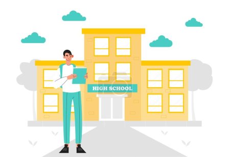 Illustration for High school concept. Young guy with book and backpack near school or university building. Education and training. Student goes to classroom at lessons. - Royalty Free Image