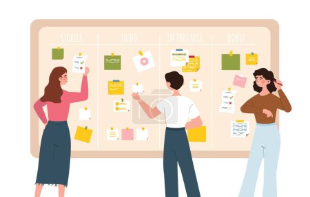 Illustration for Kanban board concept. Man and woman collect colorful paper with tasks. Teamwork, colleagues working on common project. Segregation of duties and efficient workflow. Cartoon flat vector illustration - Royalty Free Image
