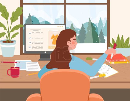 Illustration for Woman sitting at desk. Young girl buys yellow dress. Online shopping and home delivery. Character at home with device and computer screen. Cartoon flat vector illustration - Royalty Free Image