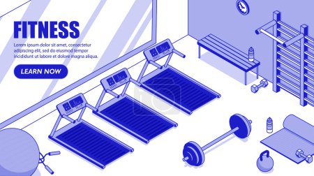 Illustration for Isometric fitness concept. Treadmills and barbell with weights. Gym with sports equipment for cardio and strength training. Landing page design. Fitball with jump rope. Cartoon vector illustration - Royalty Free Image