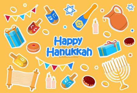 Illustration for Hanukkah stickers set. Collection of graphic elements for website. Donut, alcohol and wooden sticks with traditional Jewish symbol. Cartoon flat vector illustrations isolated on yellow background - Royalty Free Image