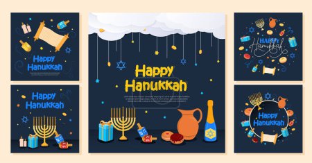 Hanukkah posters collection. Set of graphic elements for website. Traditional Jewish holiday. Religious festive of lights concept. Cartoon flat vector illustrations isolated on white background