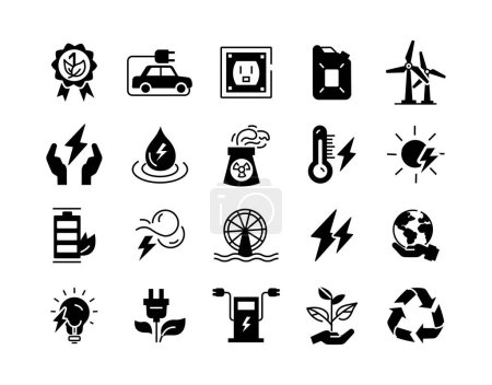 Illustration for Energy sources black icons set. Light bulb, nuclear station, gas station and recycling symbol. Electric vehicle and full battery. Cartoon flat vector illustrations isolated on white background - Royalty Free Image