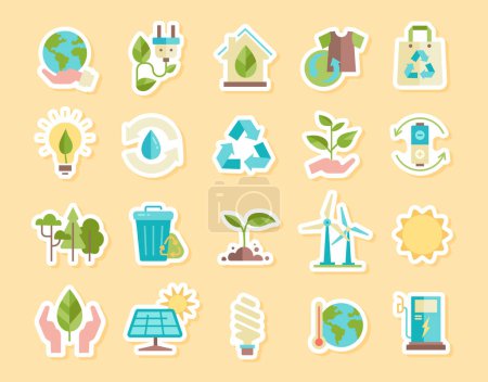 Téléchargez les illustrations : Stickers environnementaux icônes ensemble. Prendre soin de la nature, de l'écologie et de l'environnement. Eoliennes et panneaux solaires, recyclage et réutilisation. Illustrations vectorielles plates de bande dessinée isolées sur fond blanc - en licence libre de droit