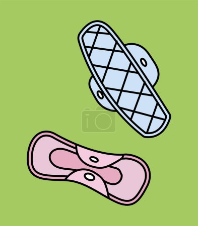 Illustration for Eco friendly gaskets. Blue and pink hygiene element for women made from environmentally friendly materials. Periods and menstruation, cleanliness. Cartoon flat vector illustration - Royalty Free Image