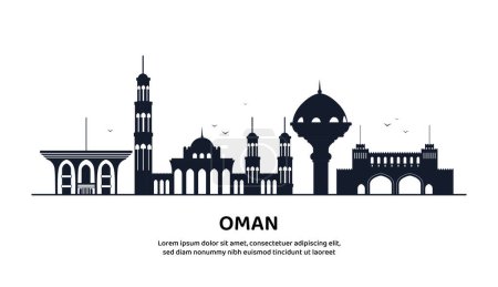 Oman Line Skyline Konzept. Traditionelle orientalische Architektur. Gestaltungselement für Einladungs- und Grußkarten. Silhouetten von Gebäuden mit Türmen und Kuppeln. Cartoon-flache Vektorillustration