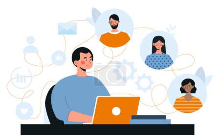 Illustration for International workers online. Man at laptop communicates with people via video call. Remote employees at conference on Internet. Collaboration and cooperation. Cartoon flat vector illustration - Royalty Free Image