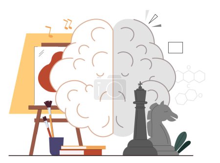 Illustration for Side of brain. Creative and logical part of brain, thinking. Biology and anatomy. Science and creativity. Brushes with canvas and books and chess pieces. Cartoon flat vector illustration - Royalty Free Image