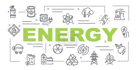 Energy icons banner. Electricity and voltage, power. Gasoline and fuel, coal. Nuclear and water station, wind generator and electric tower. Flat vector illustrations isolated on white background