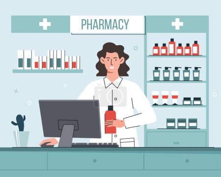 Illustration for Pharmacist at workplace. Woman in medical gown stands behind cash desk and sells drugs. Pharmacy worker ready to get advice to clients. Healthcare and medicine. Cartoon flat vector illustration - Royalty Free Image