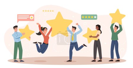 Illustration for Star rating concept. Satisfied customers give high rating to product or service. Feedback, review and opinion. Know your client. Business satisfaction and marketing. Cartoon flat vector illustration - Royalty Free Image