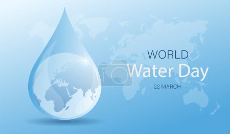 Illustration for World water Day concept. Drop with silhouette of planet next to text. Caring for nature and ecology, sustainable lifestyle. Happy March 22. Holiday and festival. Realistic flat vector illustration - Royalty Free Image