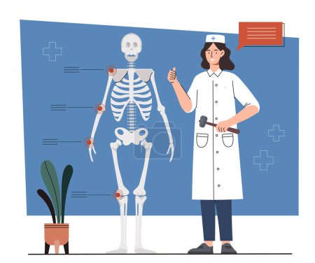 Illustration for Concepts of rheumatology. Woman in medical uniform next to skeleton. Health care, diagnosis and treatment options. Biology and anatomy, surgery. Cartoon flat vector illustration - Royalty Free Image
