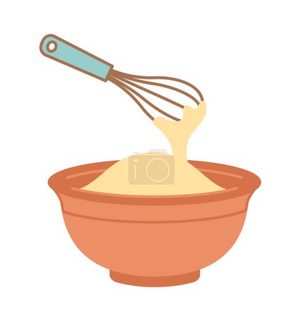Illustration for Pancake cooking step. Beat dough in bowl with mixer. Recipe with ingredients. Educational materials, infographics and master class. Homemade bakery. Cartoon flat vector illustration - Royalty Free Image