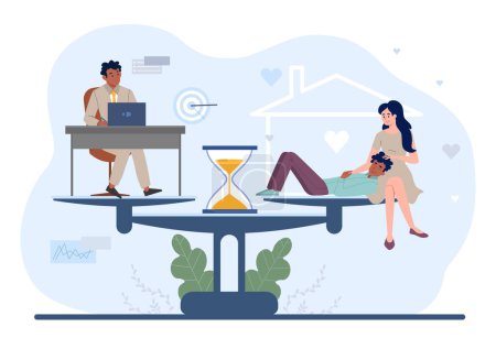 Illustration for Work and life balance. Man in suit at laptop and young guy on lap of girl. Comparison of career and leisure. Internal balance and prioritization, life choice. Cartoon flat vector illustration - Royalty Free Image