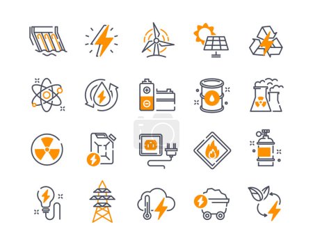 Illustration for Color energy icons set. Battery and solar panel, factory. Nuclear or hydro station. Atom or molecule structure, fuel barrel. Oil and gasoline. Flat vector collection isolated on white background - Royalty Free Image